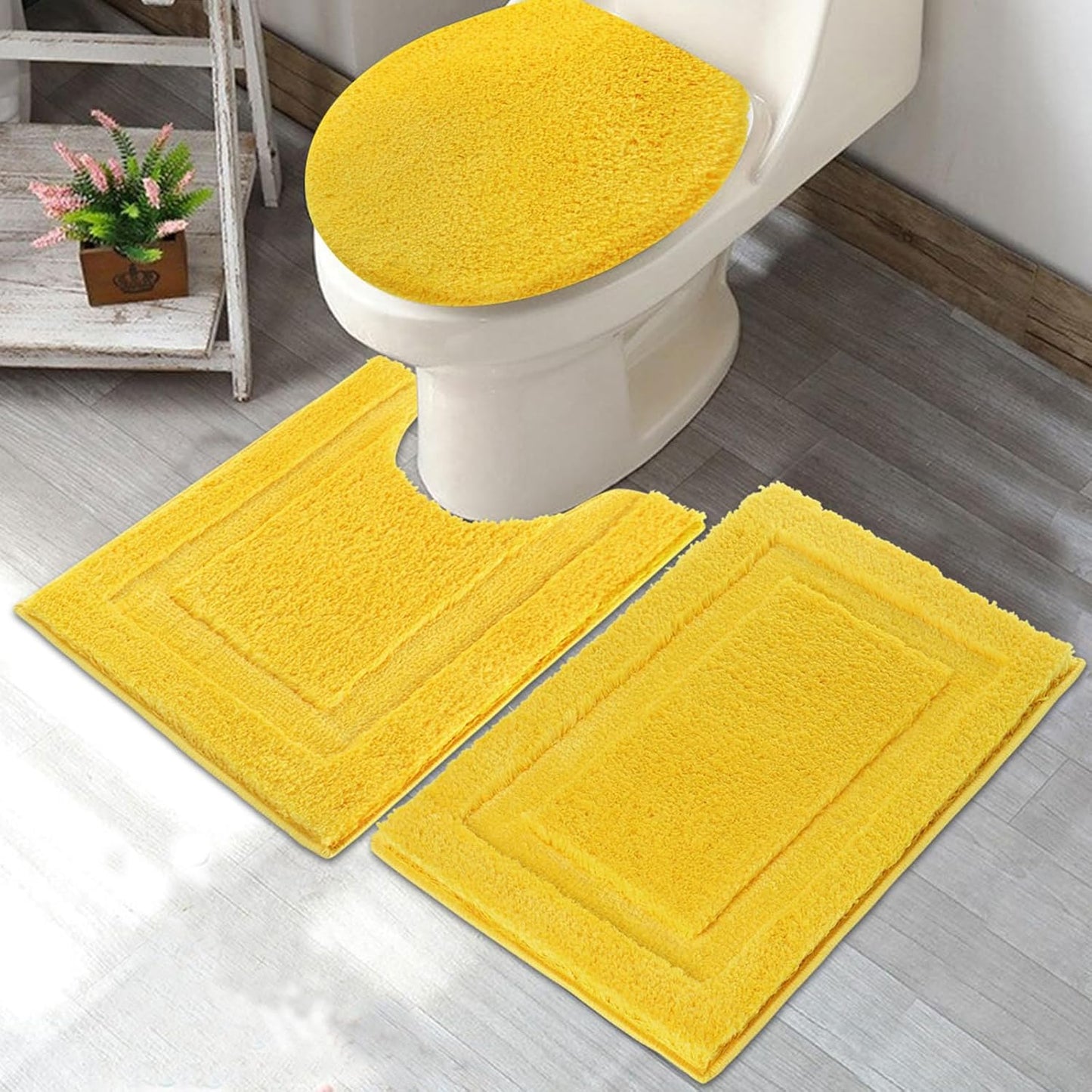 3 Piece Bath Rugs Set with Toilet Lid Cover Soft Absorbent | 16"x24" Small Bath Mats U Shape Contour Rug Toilet Cover Set Non Slip Machine Washable Plush Bathroom Rug(Yellow)