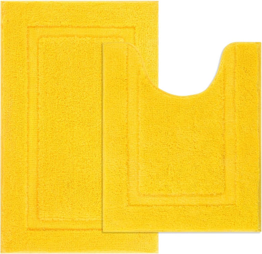 Soft Microfiber Bathroom Rugs Set 2 Pieces with Toilet Rug | Absorbent Plush Bath Mat U Shaped Contour Bath Rug, Non Slip Washable Fluffy Bathroom Floor Mats, 32x20+24x20, Yellow
