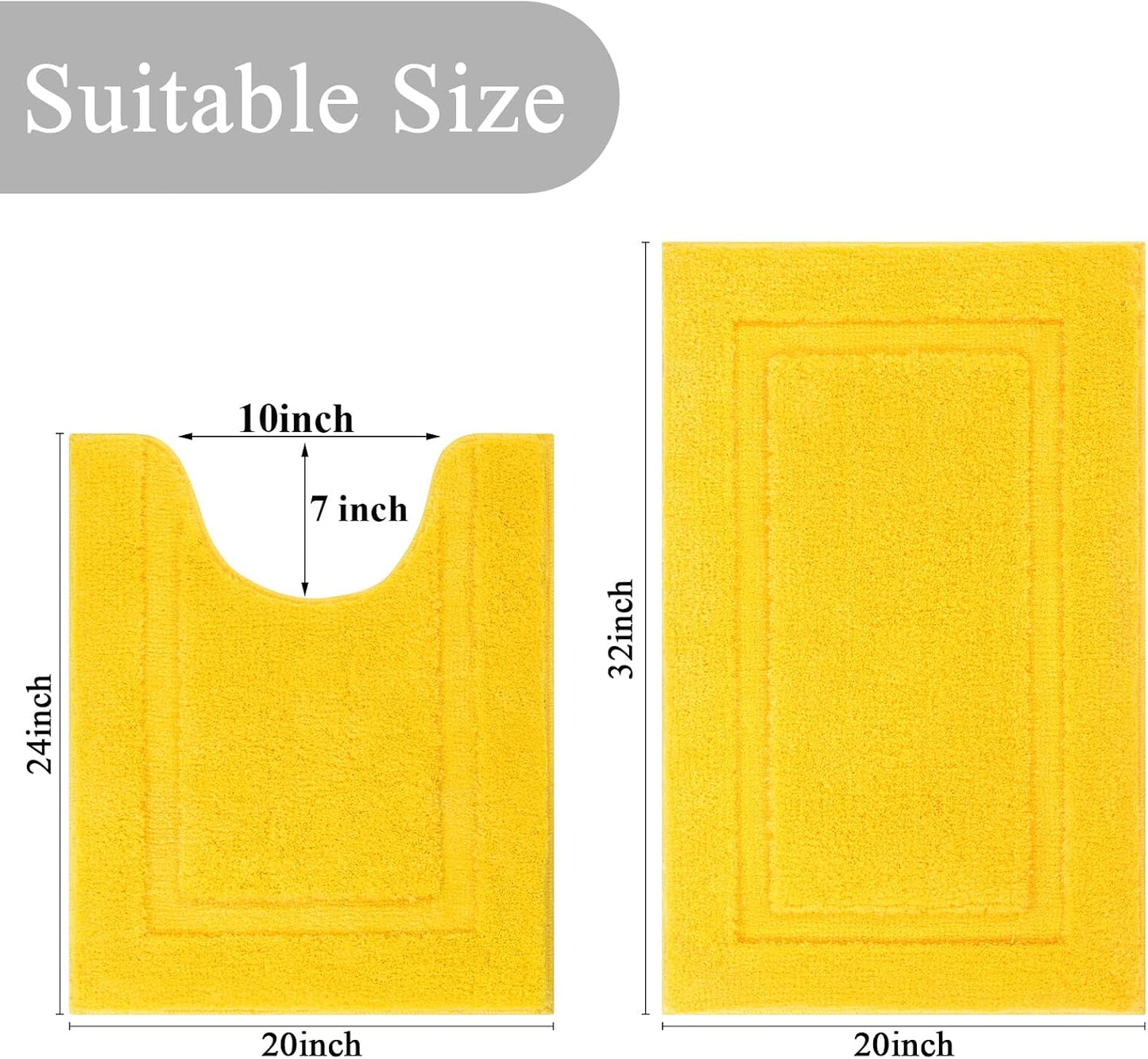 Soft Microfiber Bathroom Rugs Set 2 Pieces with Toilet Rug | Absorbent Plush Bath Mat U Shaped Contour Bath Rug, Non Slip Washable Fluffy Bathroom Floor Mats, 32x20+24x20, Yellow