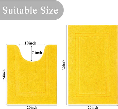 Soft Microfiber Bathroom Rugs Set 2 Pieces with Toilet Rug | Absorbent Plush Bath Mat U Shaped Contour Bath Rug, Non Slip Washable Fluffy Bathroom Floor Mats, 32x20+24x20, Yellow
