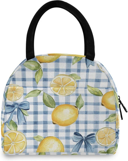 Cute Blue Bows Lemons Lunch Bag Box Women, Tote Bag for Women Adult Men, Reusable Insulated Cooler Lunch Container