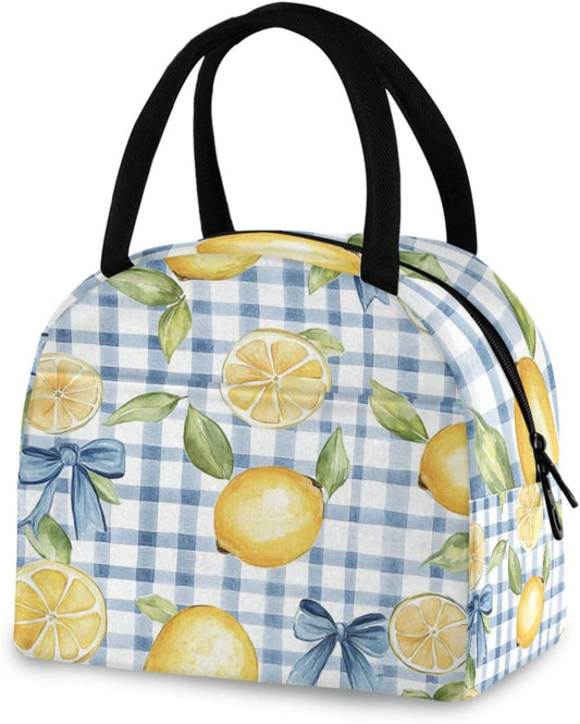 Cute Blue Bows Lemons Lunch Bag Box Women, Tote Bag for Women Adult Men, Reusable Insulated Cooler Lunch Container