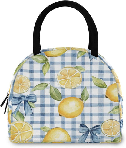Cute Blue Bows Lemons Lunch Bag Box Women, Tote Bag for Women Adult Men, Reusable Insulated Cooler Lunch Container