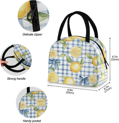 Cute Blue Bows Lemons Lunch Bag Box Women, Tote Bag for Women Adult Men, Reusable Insulated Cooler Lunch Container