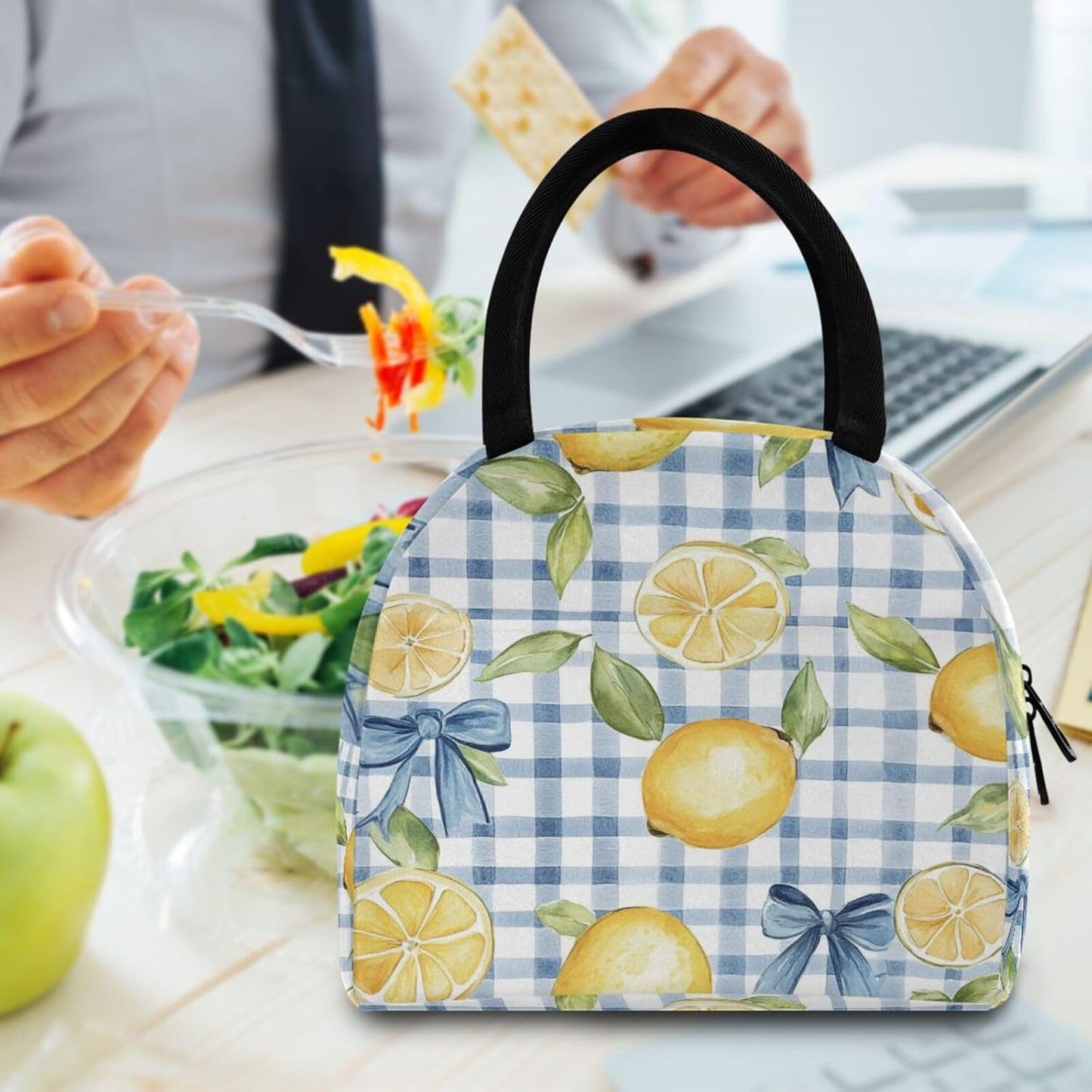 Cute Blue Bows Lemons Lunch Bag Box Women, Tote Bag for Women Adult Men, Reusable Insulated Cooler Lunch Container