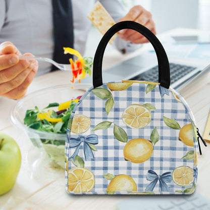 Cute Blue Bows Lemons Lunch Bag Box Women, Tote Bag for Women Adult Men, Reusable Insulated Cooler Lunch Container