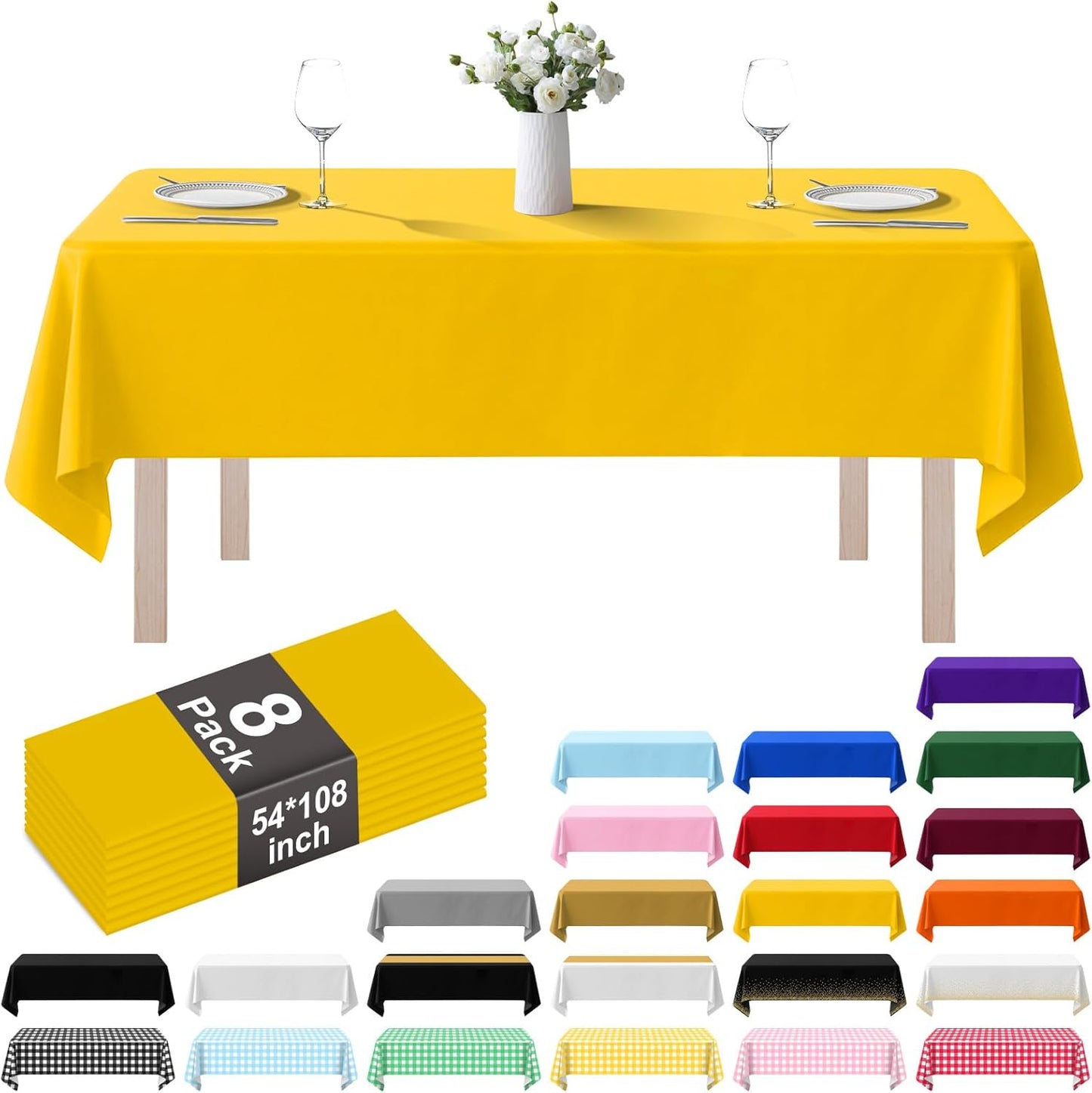 8 Pack Plastic Tablecloth 54" x 108" Disposable Table Cloths for 6 to 8 Foot Tables Rectangle Table Cover for Parties (Yellow, Rectangle)