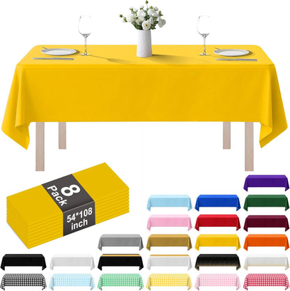8 Pack Plastic Tablecloth 54" x 108" Disposable Table Cloths for 6 to 8 Foot Tables Rectangle Table Cover for Parties (Yellow, Rectangle)