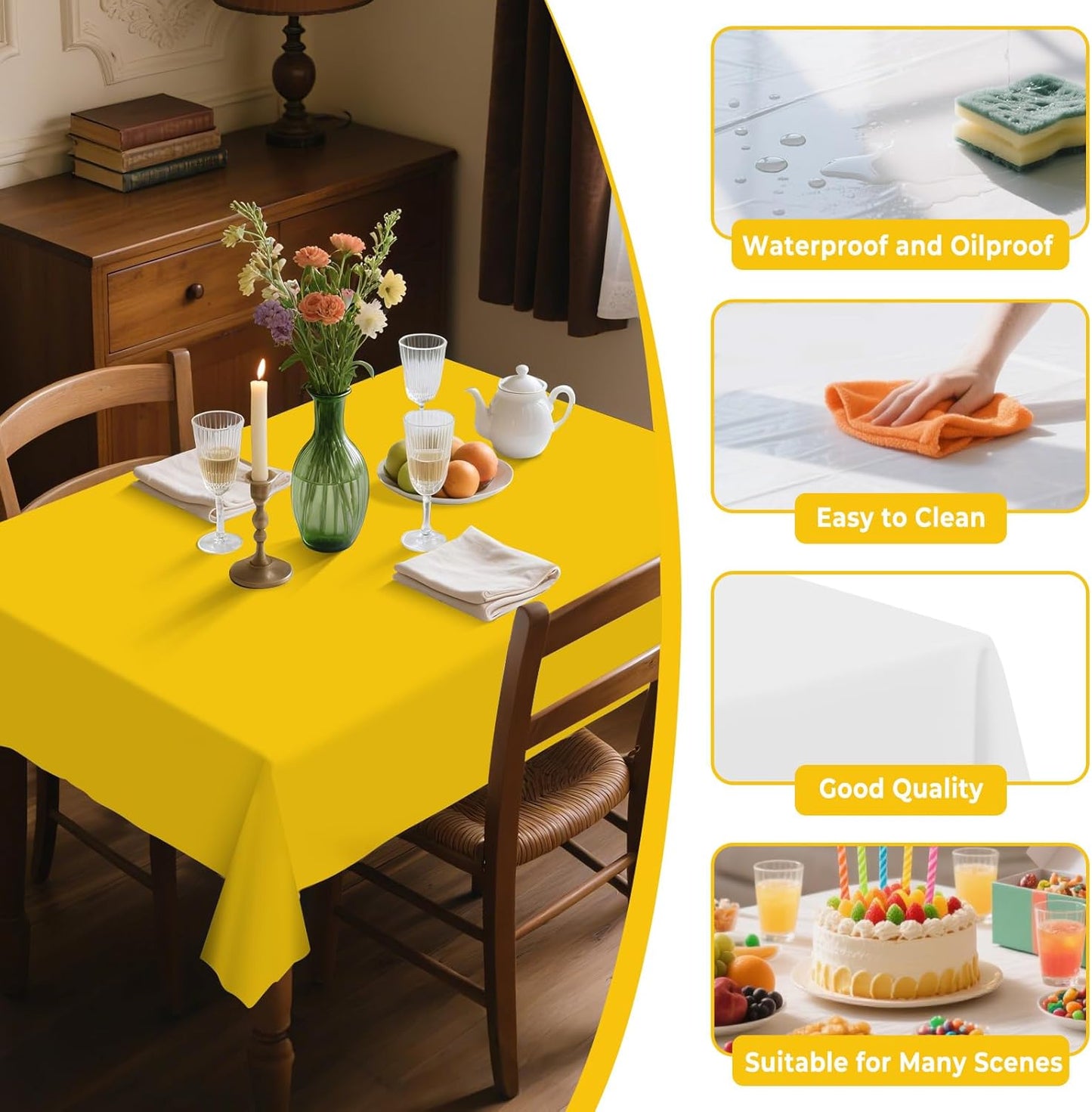 8 Pack Plastic Tablecloth 54" x 108" Disposable Table Cloths for 6 to 8 Foot Tables Rectangle Table Cover for Parties (Yellow, Rectangle)