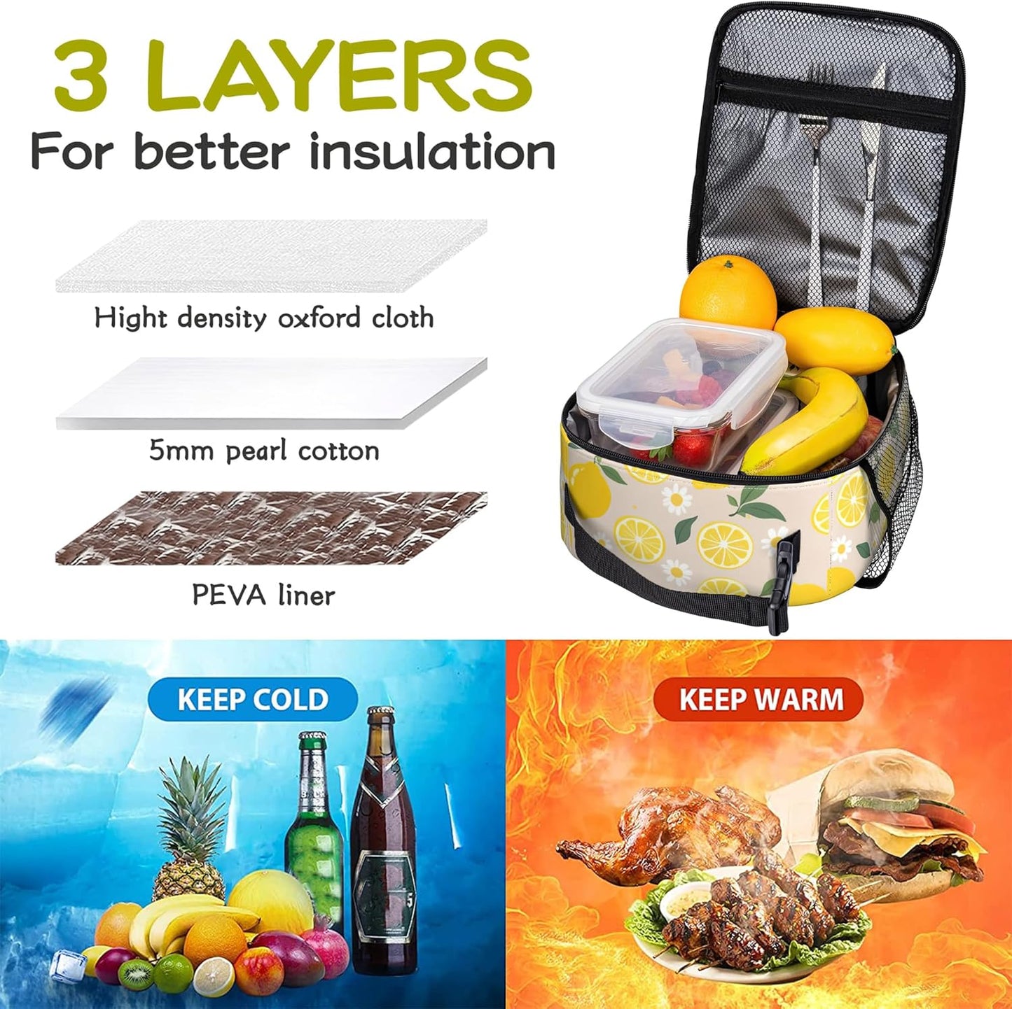 Lemon Kids Lunch Bag Insulated Lunch Bag Reusable Cooler Lunch Box Portable Leakproof Thermal Container Tote Bags for Girls Boys School Travel