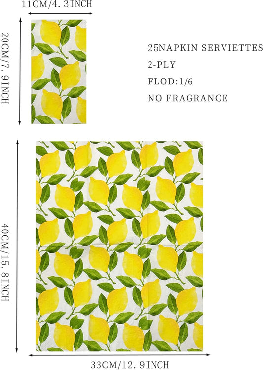 25Pcs Lemon Napkins - 2-Ply Guest Disposable Hand Towels for Bathroom, Wedding, Bridal Shower, Tea Party, Garden Party, Birthday Party - 4.3 x 7.9 In