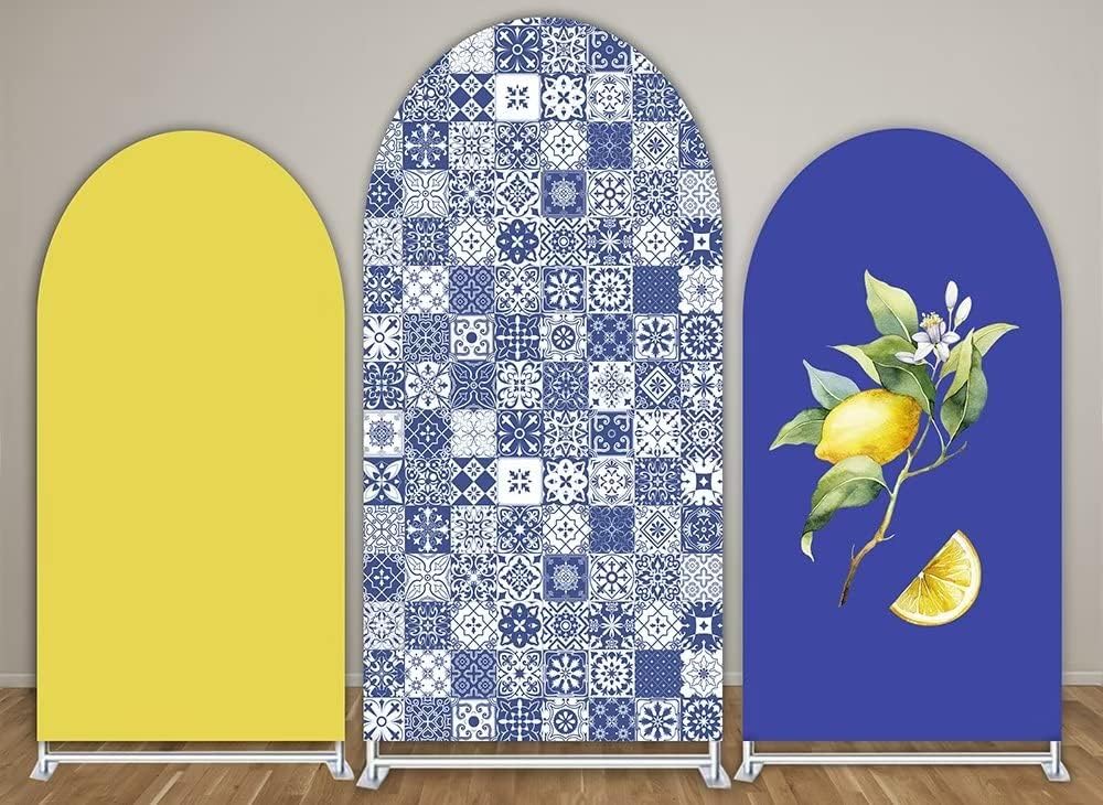 Arch Backdrop Covers Mediterranean Lemon Tiles Theme Arched Background Stand Covers for Birthday Parties Decor Banner Banquet Props