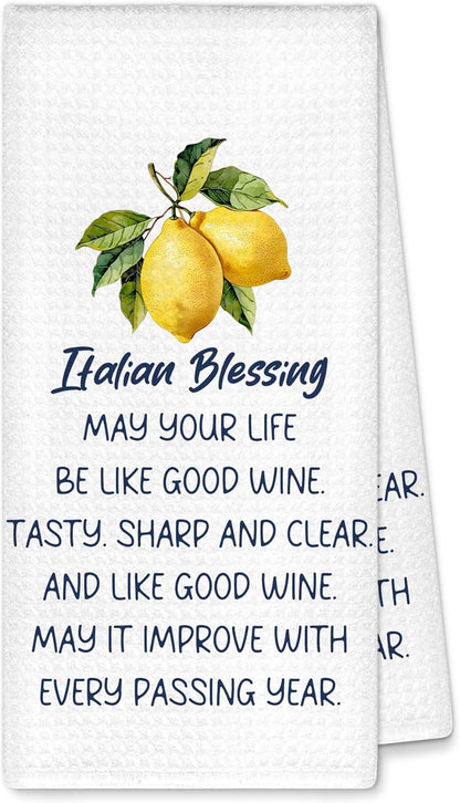 Italian Lemon Kitchen Towels Decorative, Italian Blessing Dish Towels Dishcloths Tea Towel, Italy Gifts for Women Nonna, Mediterranean Lemon Hand Towel Decor for Kitchen Bathroom, 16x24Inch
