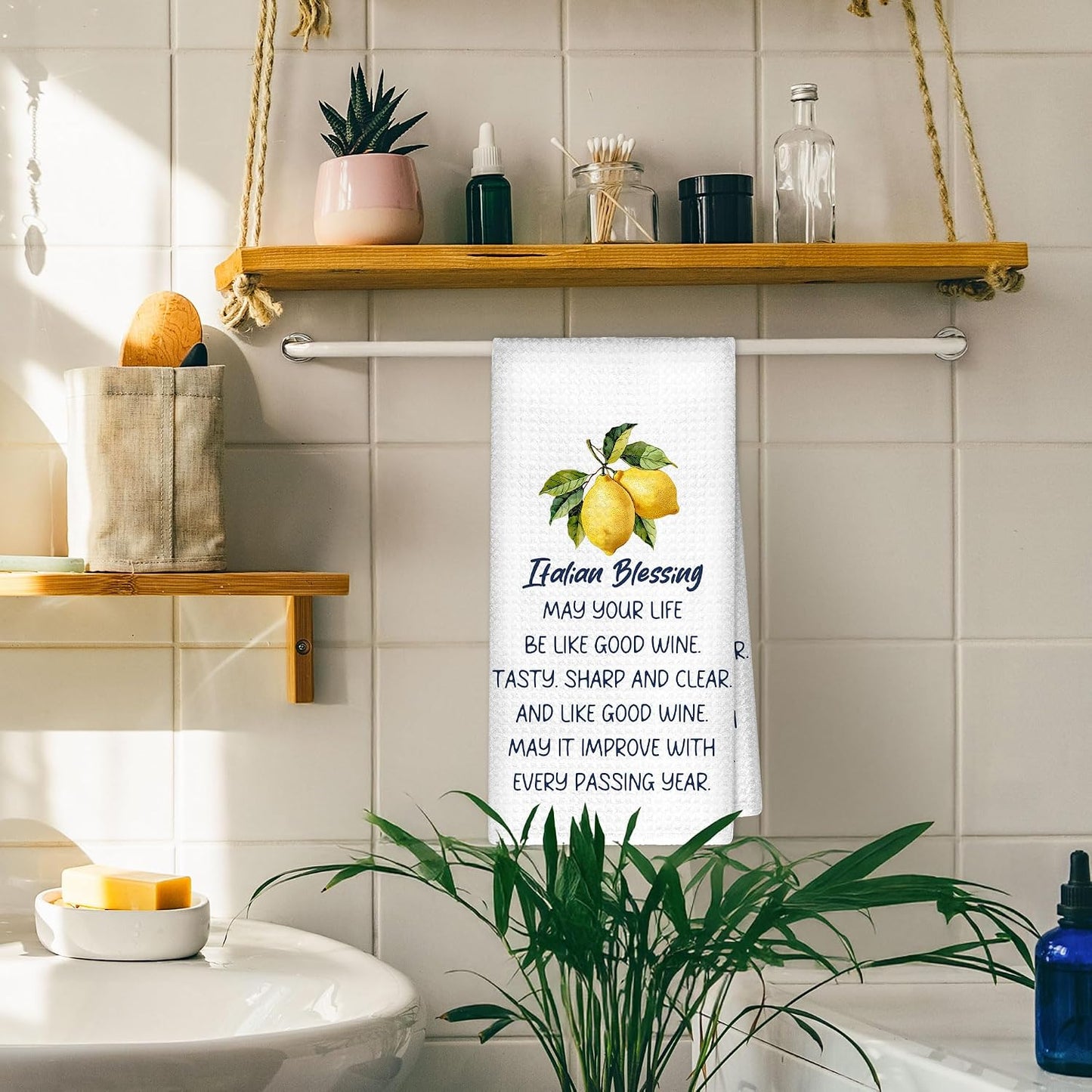 Italian Lemon Kitchen Towels Decorative, Italian Blessing Dish Towels Dishcloths Tea Towel, Italy Gifts for Women Nonna, Mediterranean Lemon Hand Towel Decor for Kitchen Bathroom, 16x24Inch