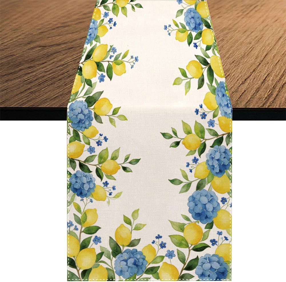 Summer Lemon Table Runner, Hydrangea Floral Kitchen Dining Table Decoration for Home Party Decor 13x70 Inch