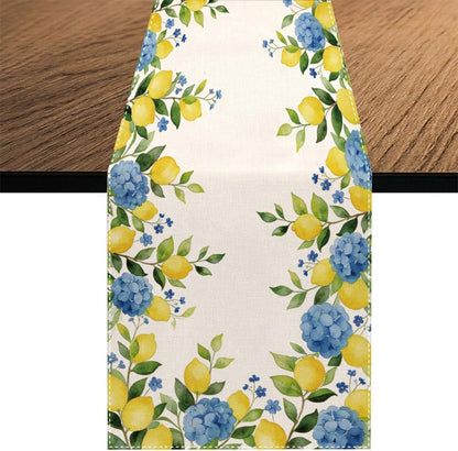 Summer Lemon Table Runner, Hydrangea Floral Kitchen Dining Table Decoration for Home Party Decor 13x70 Inch