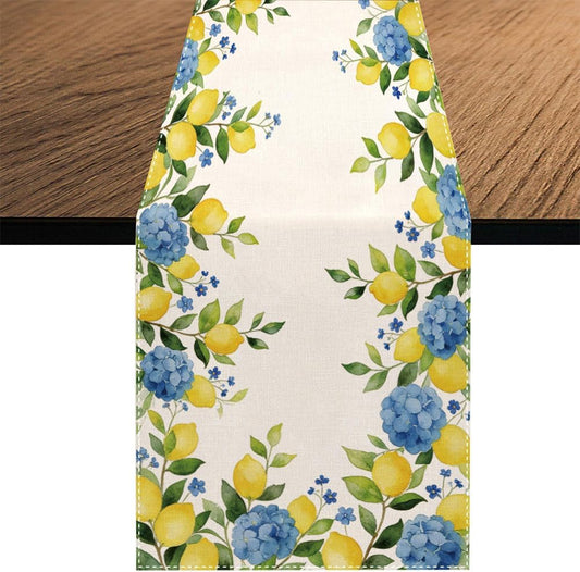 Summer Lemon Table Runner, Hydrangea Floral Kitchen Dining Table Decoration for Home Party Decor 13x70 Inch