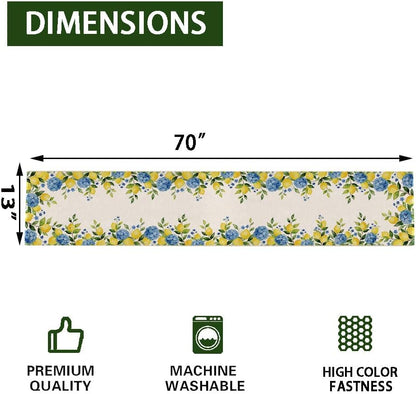 Summer Lemon Table Runner, Hydrangea Floral Kitchen Dining Table Decoration for Home Party Decor 13x70 Inch
