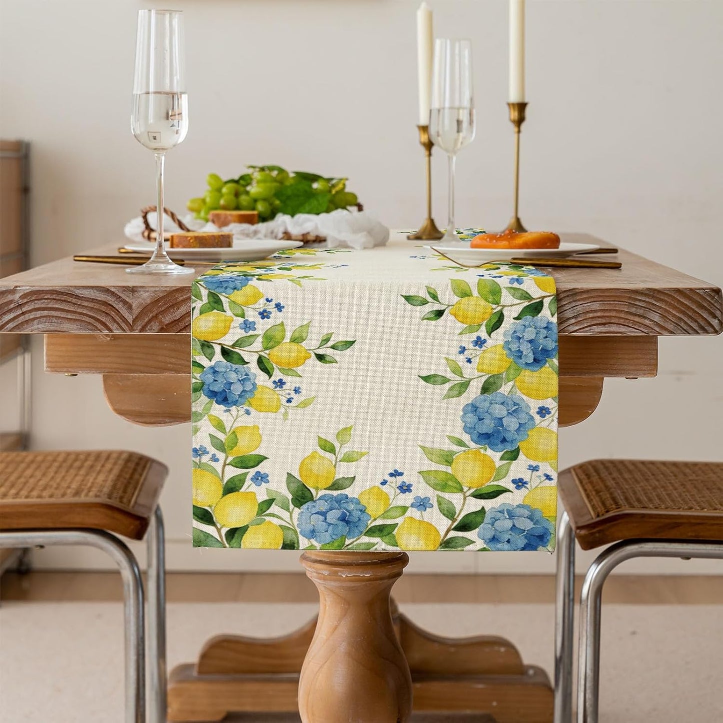 Summer Lemon Table Runner, Hydrangea Floral Kitchen Dining Table Decoration for Home Party Decor 13x70 Inch