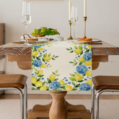 Summer Lemon Table Runner, Hydrangea Floral Kitchen Dining Table Decoration for Home Party Decor 13x70 Inch