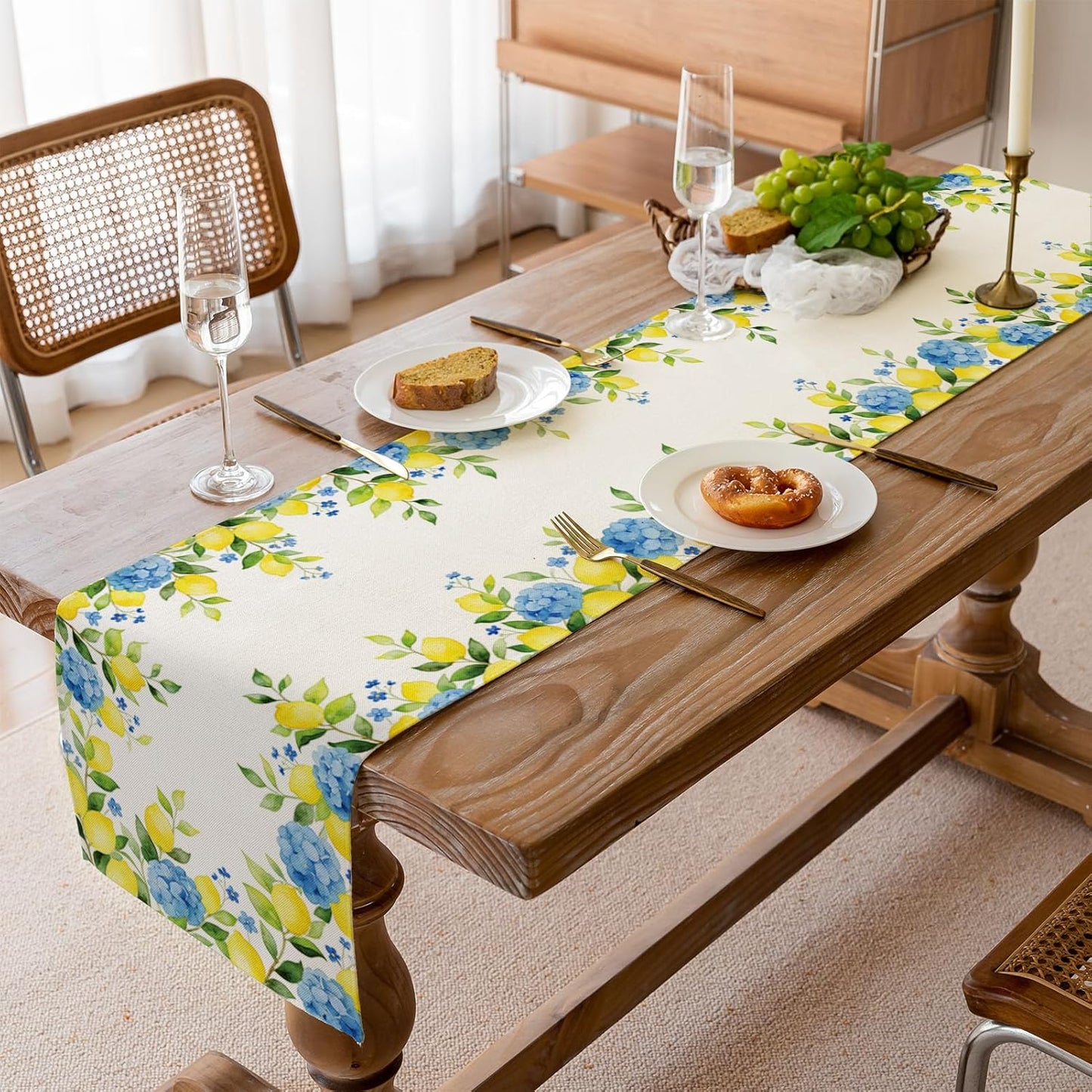Summer Lemon Table Runner, Hydrangea Floral Kitchen Dining Table Decoration for Home Party Decor 13x70 Inch