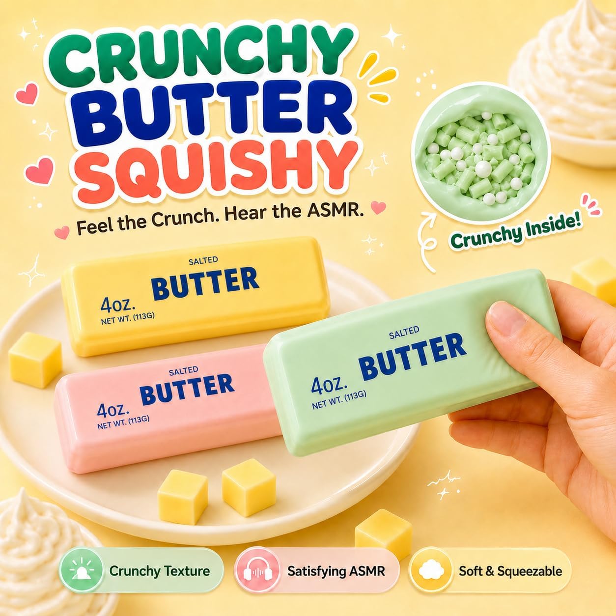 Crunchy Butter Squishy, Soft Squeeze Sensory Fidget Toy with Crunchy ASMR Texture, Butter Stick Stress Relief Toy, Fun Novelty Gift for Kids Teens and Adults, Yellow