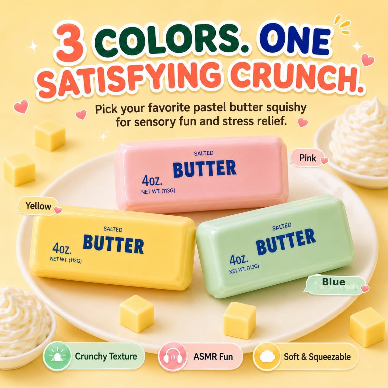 Crunchy Butter Squishy, Soft Squeeze Sensory Fidget Toy with Crunchy ASMR Texture, Butter Stick Stress Relief Toy, Fun Novelty Gift for Kids Teens and Adults, Yellow