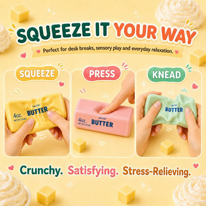Crunchy Butter Squishy, Soft Squeeze Sensory Fidget Toy with Crunchy ASMR Texture, Butter Stick Stress Relief Toy, Fun Novelty Gift for Kids Teens and Adults, Yellow
