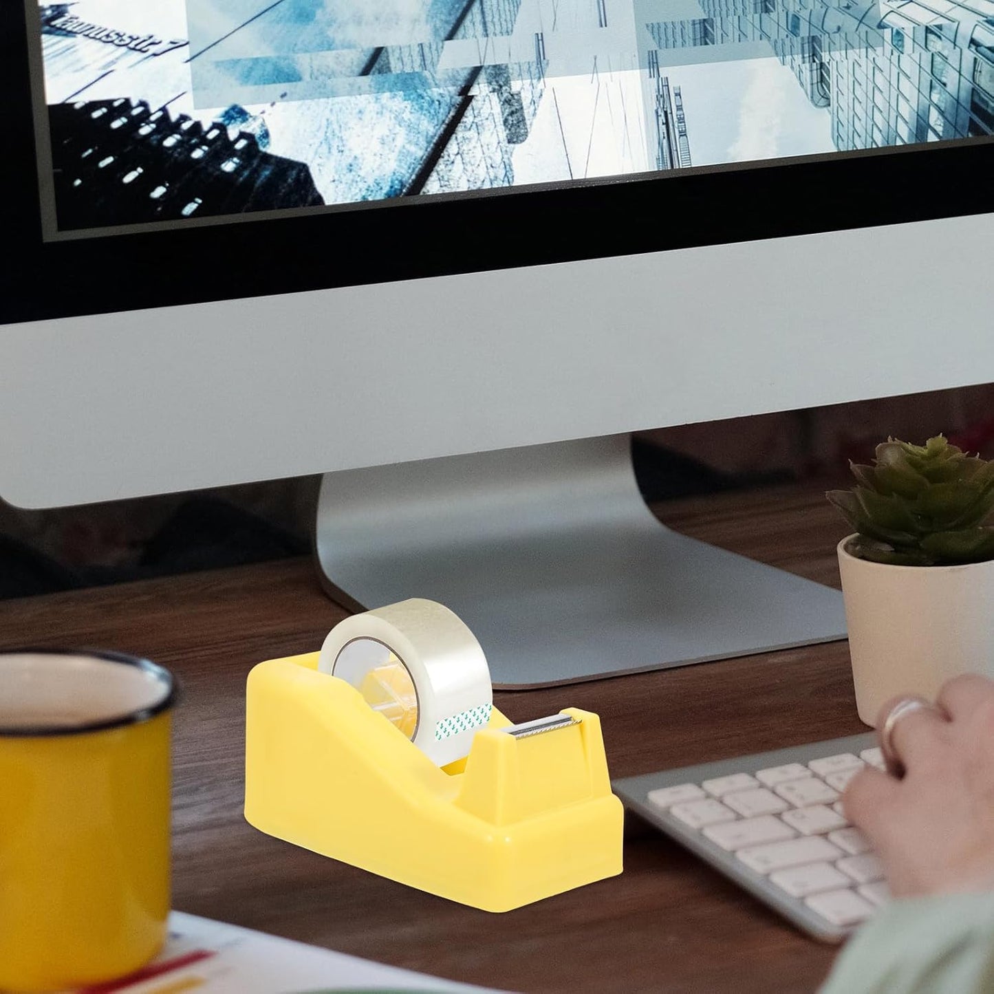 Small Light Yellow Tape Dispenser for Office and School, Compact Heavy Duty Masking Tape Holder with Cutter, Desk Organizer for Teachers and Students