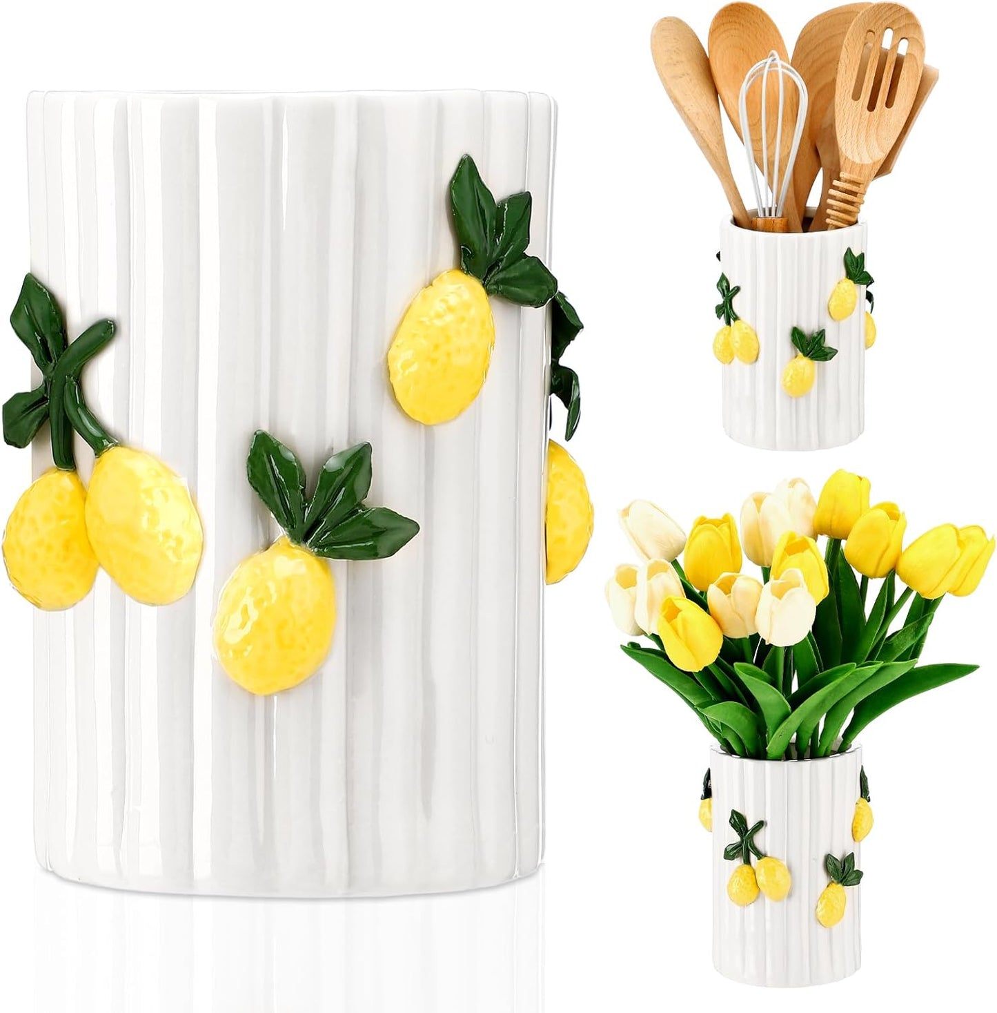 Lemon Kitchen Decor Ceramic Utensil Holder 3D Handmade Lemon Cooking Utensil Crock with Scalloped Edge Design Preppy Storage Caddy Organizer Vase Decor for Christmas Kitchen Countertop Gift