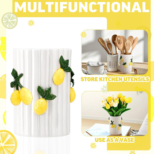 Lemon Kitchen Decor Ceramic Utensil Holder 3D Handmade Lemon Cooking Utensil Crock with Scalloped Edge Design Preppy Storage Caddy Organizer Vase Decor for Christmas Kitchen Countertop Gift
