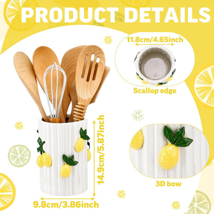 Lemon Kitchen Decor Ceramic Utensil Holder 3D Handmade Lemon Cooking Utensil Crock with Scalloped Edge Design Preppy Storage Caddy Organizer Vase Decor for Christmas Kitchen Countertop Gift