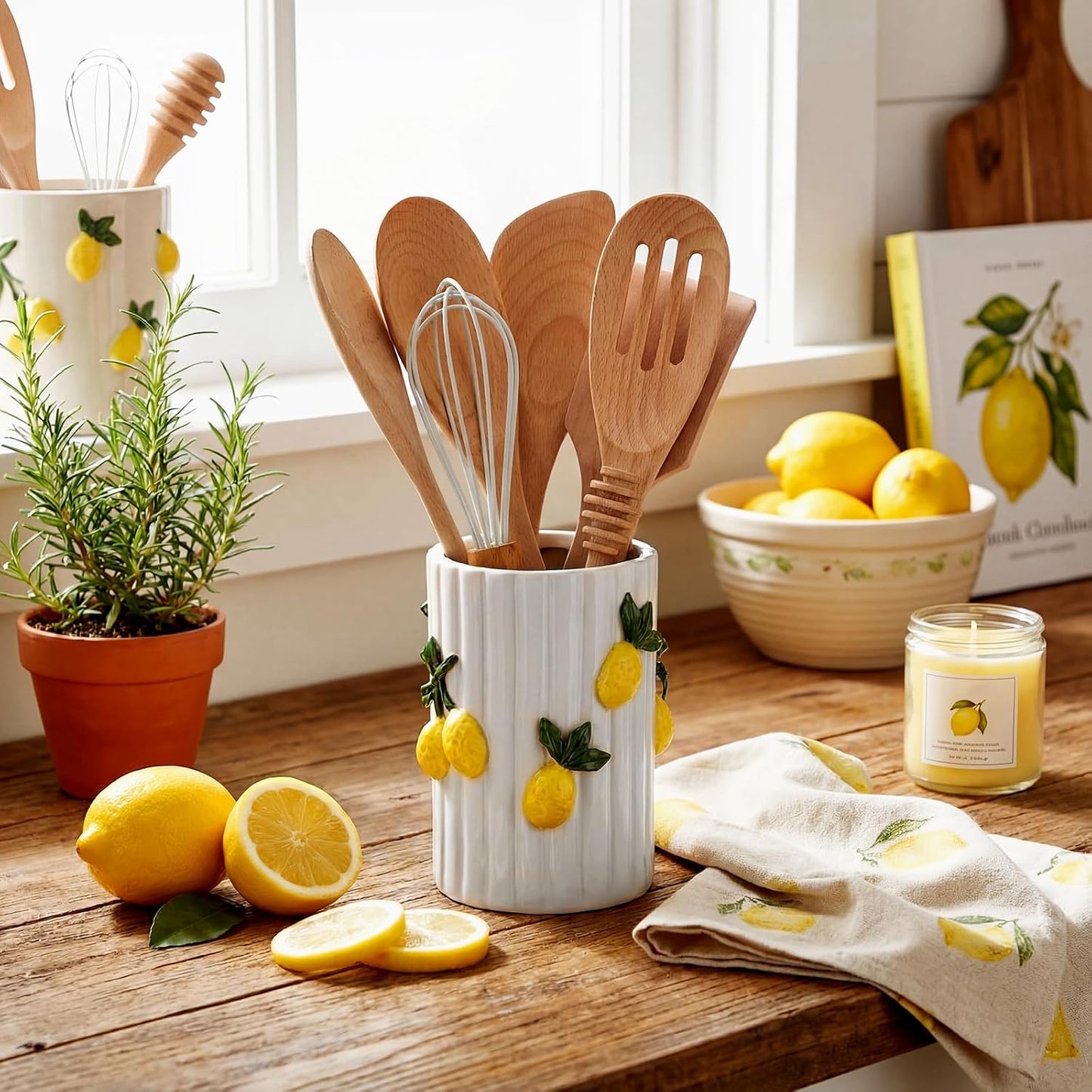 Lemon Kitchen Decor Ceramic Utensil Holder 3D Handmade Lemon Cooking Utensil Crock with Scalloped Edge Design Preppy Storage Caddy Organizer Vase Decor for Christmas Kitchen Countertop Gift