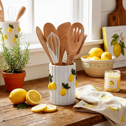 Lemon Kitchen Decor Ceramic Utensil Holder 3D Handmade Lemon Cooking Utensil Crock with Scalloped Edge Design Preppy Storage Caddy Organizer Vase Decor for Christmas Kitchen Countertop Gift