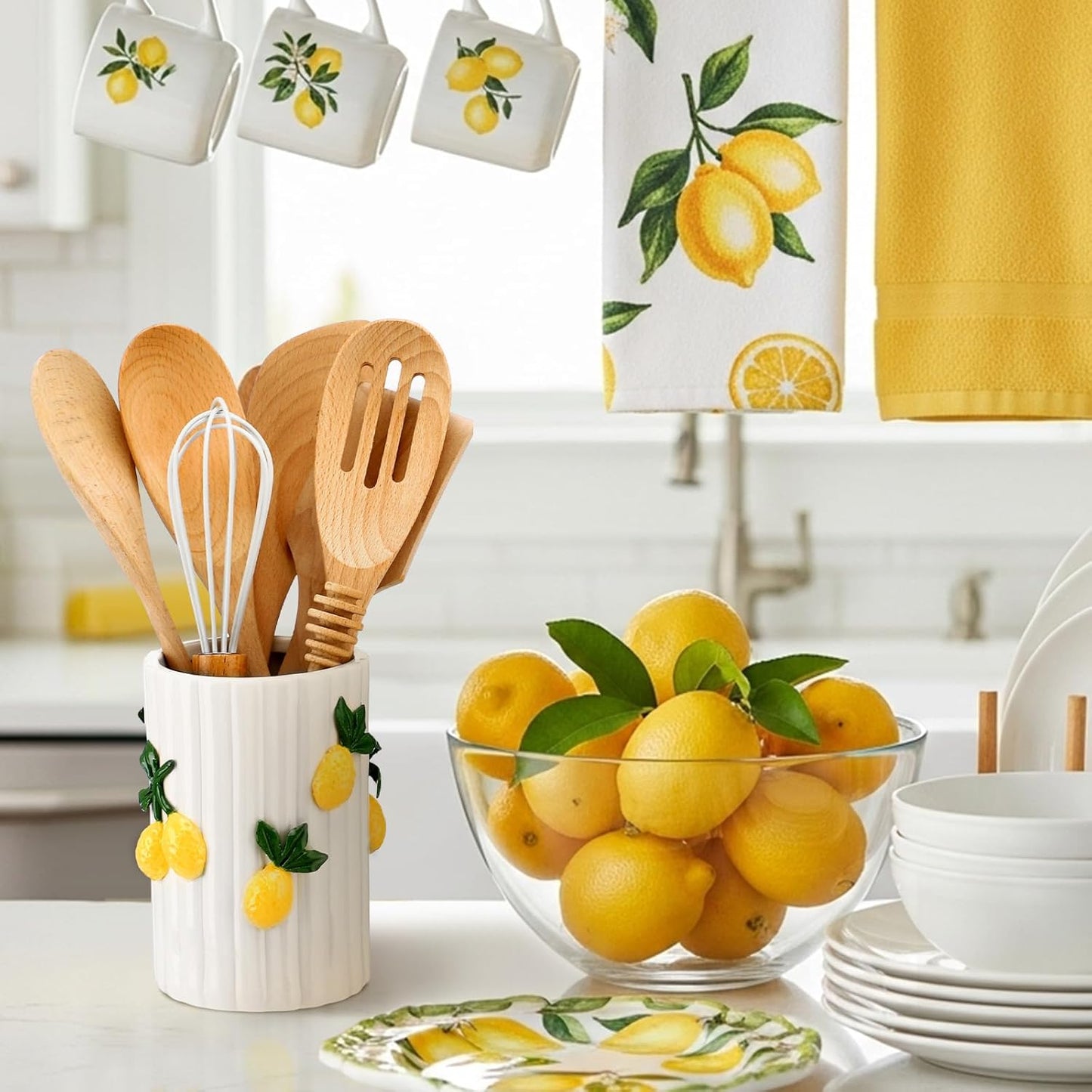 Lemon Kitchen Decor Ceramic Utensil Holder 3D Handmade Lemon Cooking Utensil Crock with Scalloped Edge Design Preppy Storage Caddy Organizer Vase Decor for Christmas Kitchen Countertop Gift