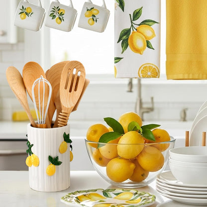 Lemon Kitchen Decor Ceramic Utensil Holder 3D Handmade Lemon Cooking Utensil Crock with Scalloped Edge Design Preppy Storage Caddy Organizer Vase Decor for Christmas Kitchen Countertop Gift