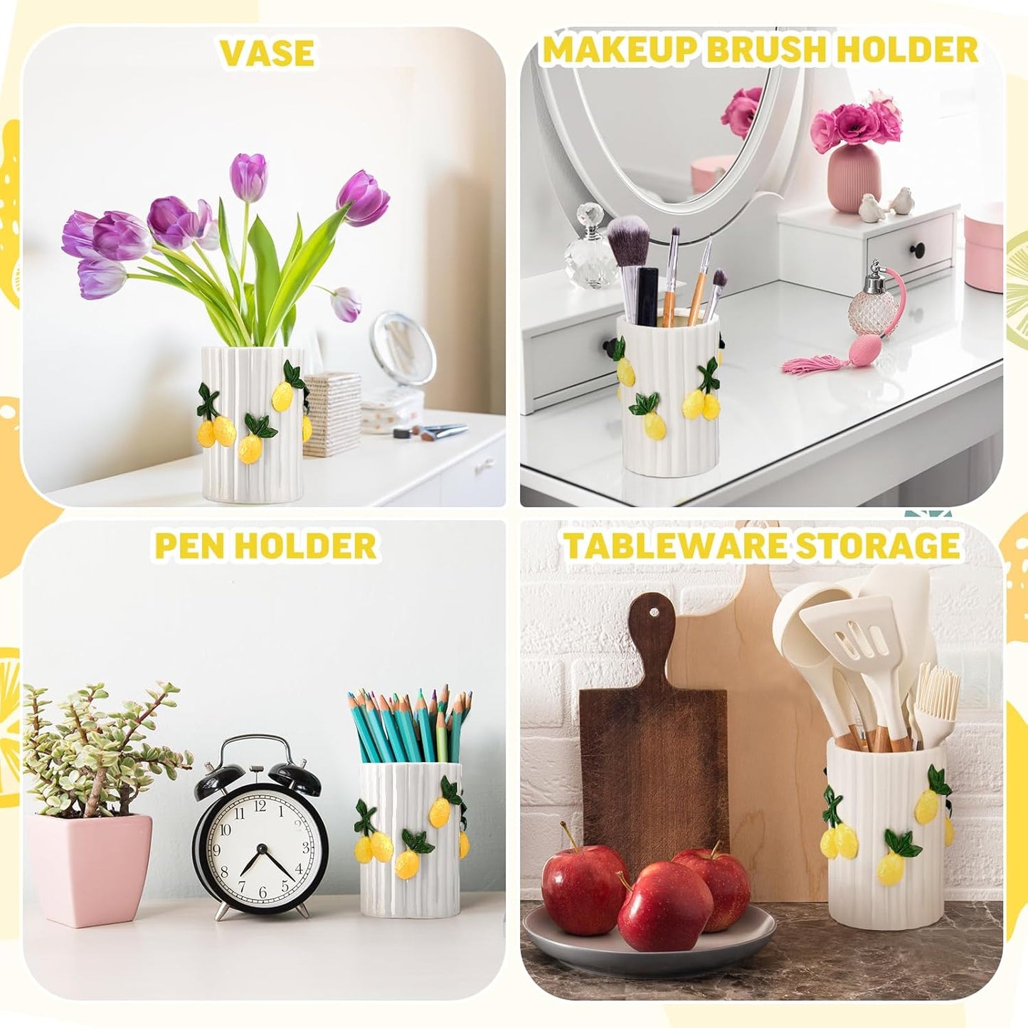 Lemon Kitchen Decor Ceramic Utensil Holder 3D Handmade Lemon Cooking Utensil Crock with Scalloped Edge Design Preppy Storage Caddy Organizer Vase Decor for Christmas Kitchen Countertop Gift