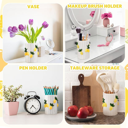 Lemon Kitchen Decor Ceramic Utensil Holder 3D Handmade Lemon Cooking Utensil Crock with Scalloped Edge Design Preppy Storage Caddy Organizer Vase Decor for Christmas Kitchen Countertop Gift