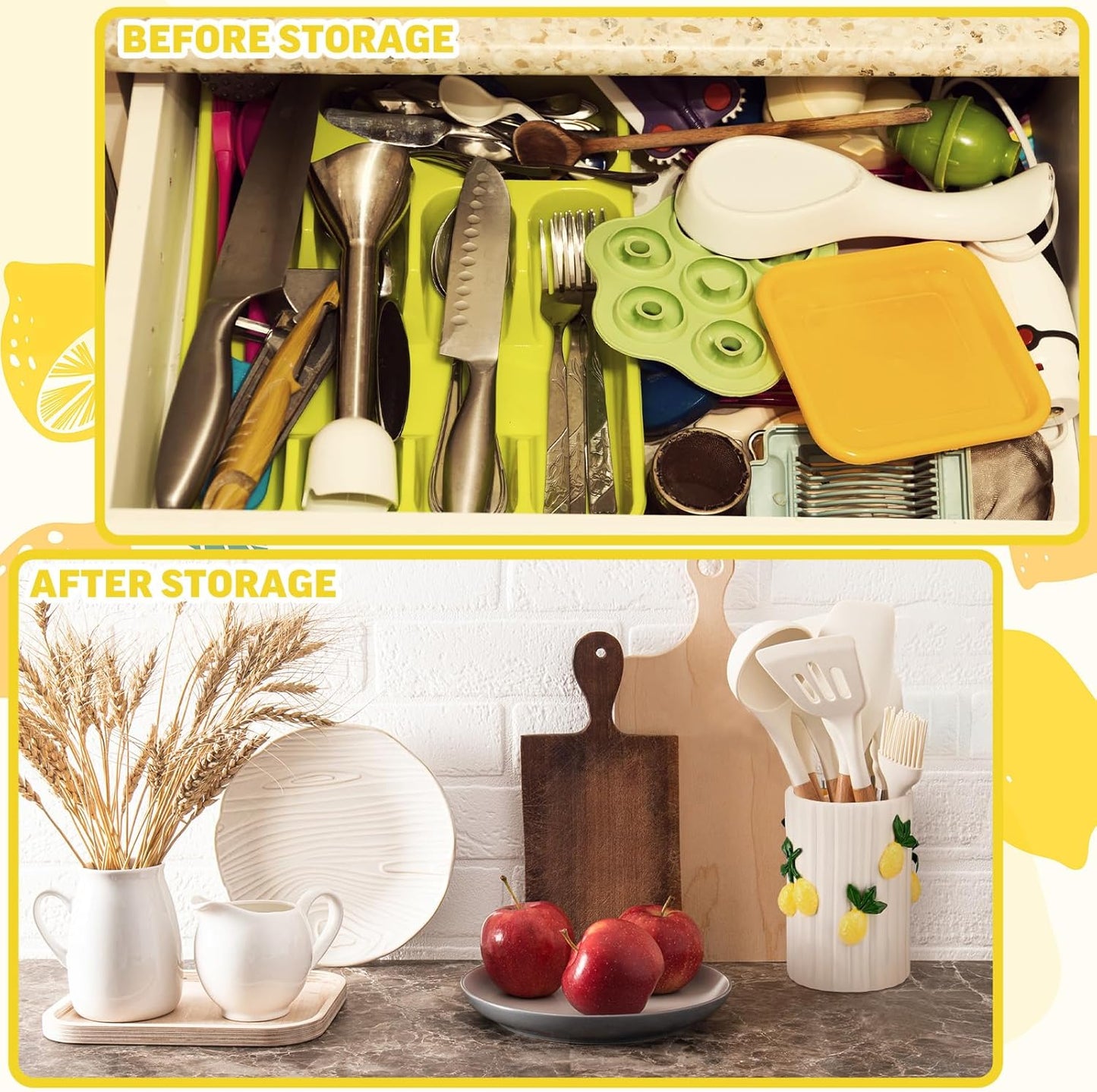Lemon Kitchen Decor Ceramic Utensil Holder 3D Handmade Lemon Cooking Utensil Crock with Scalloped Edge Design Preppy Storage Caddy Organizer Vase Decor for Christmas Kitchen Countertop Gift