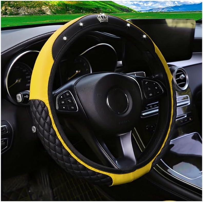 14.5-15 Inch Rhinestone Steering Wheel Cover, Style A, Yellow | leather contact surface, elastic slip-on fit, anti-slip inner layer, fits matching diameters, car interior accessories