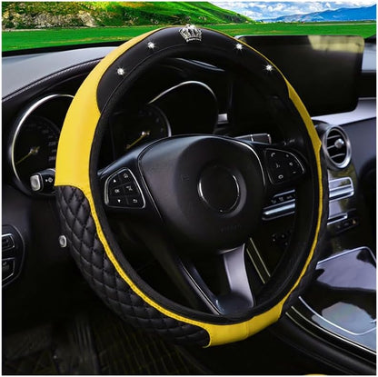 14.5-15 Inch Rhinestone Steering Wheel Cover, Style A, Yellow | leather contact surface, elastic slip-on fit, anti-slip inner layer, fits matching diameters, car interior accessories