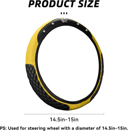 14.5-15 Inch Rhinestone Steering Wheel Cover, Style A, Yellow | leather contact surface, elastic slip-on fit, anti-slip inner layer, fits matching diameters, car interior accessories