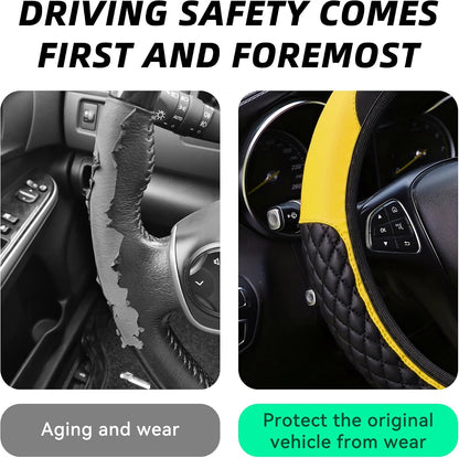 14.5-15 Inch Rhinestone Steering Wheel Cover, Style A, Yellow | leather contact surface, elastic slip-on fit, anti-slip inner layer, fits matching diameters, car interior accessories