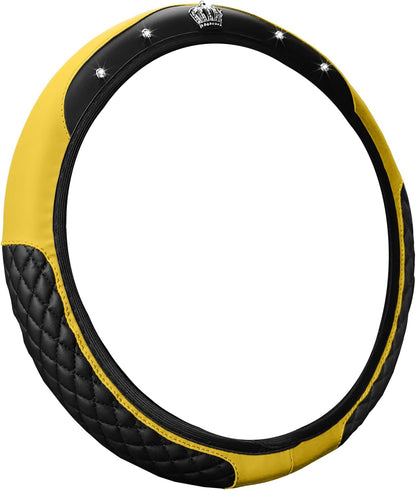 14.5-15 Inch Rhinestone Steering Wheel Cover, Style A, Yellow | leather contact surface, elastic slip-on fit, anti-slip inner layer, fits matching diameters, car interior accessories