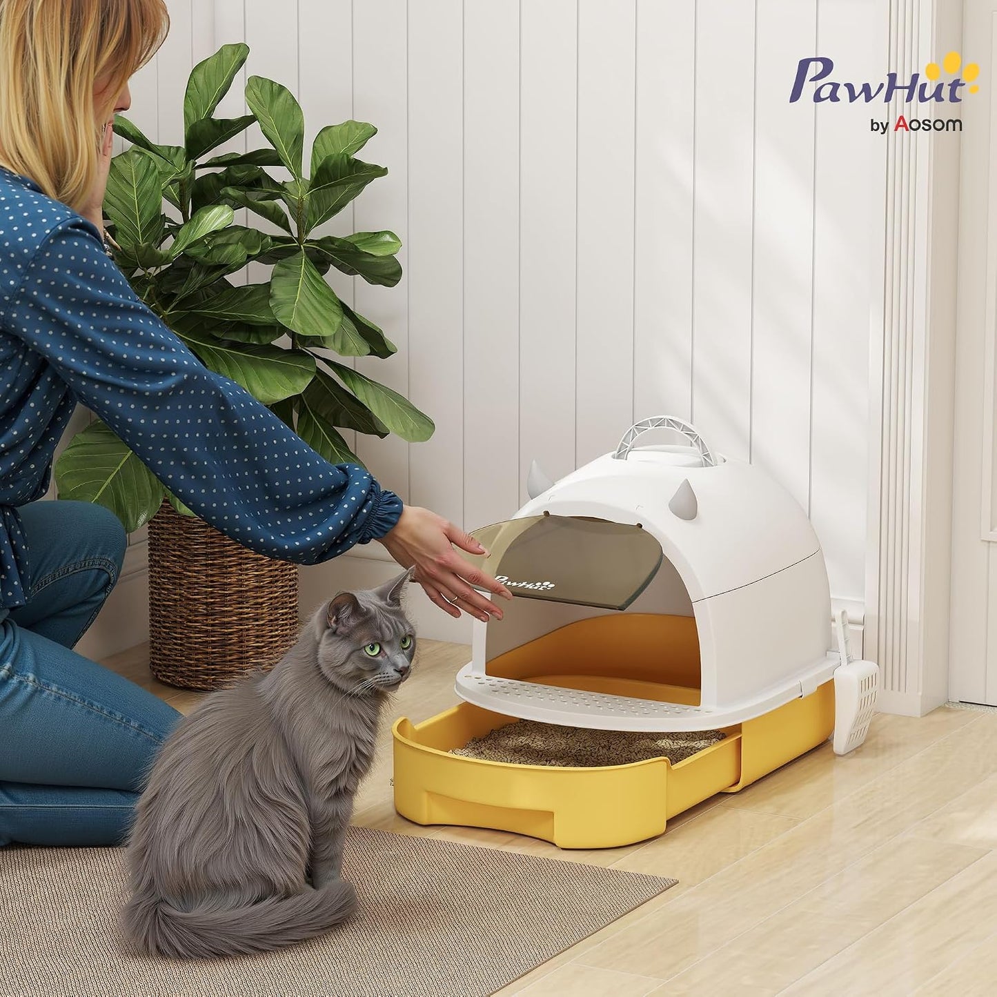 Cat Litter Box Covered Kitty Litter Box with Lid and Scoop Yellow | Deodorizing Bags for Odor Control, Privacy, Portable, Easy to Clean