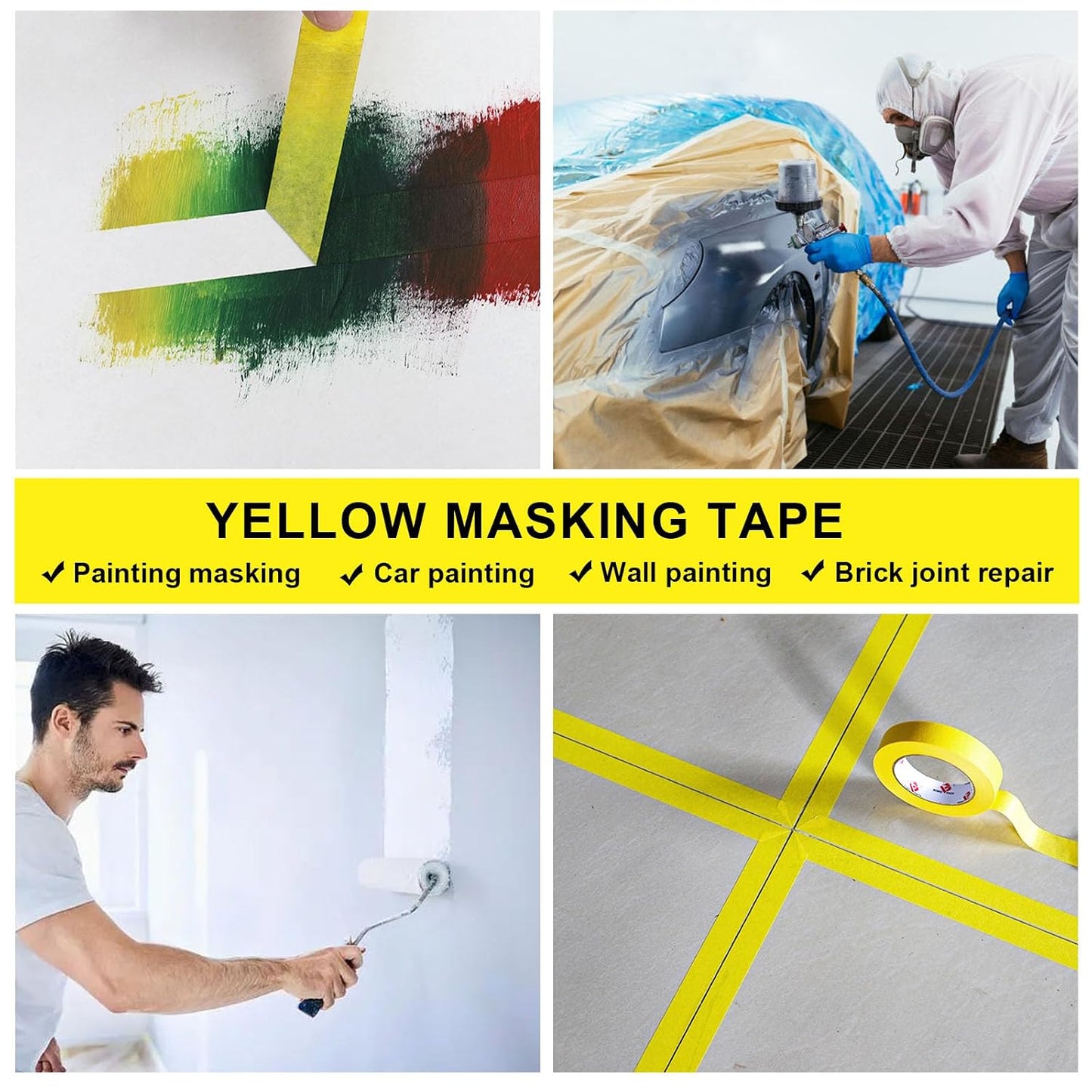 Yellow Painters Tape 1 Inch Bulk - Paint Tape 3 Rolls x 1 Inch x 60 Yards - Painter's Tape Yellow Masking Tape for Walls Painting, DIY Crafting, and School Project, Total 180 Yards