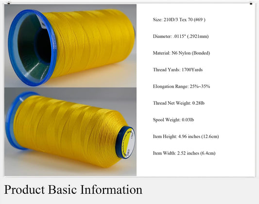[1700Yards / 26 Colors Available] Tex 70 Bonded Nylon Thread for Leather Sewing 210D/3 T70#69 Heavy Duty Upholstery Thread for Leather and Other Heavy Fabric （Yellow） | 26 Colors Available, 210D/3 T70 #69 Heavy Duty Upholstery thread for Leather and