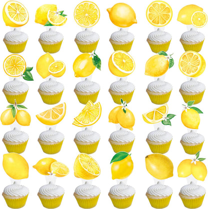 48Pcs Lemon Cupcake Toppers Yello Lemon Summer Birthday Party Decorations Lemonade Theme Cupcake Toppers for Summer Fruit Theme Theme Party Wedding Bridal Shower Supplies