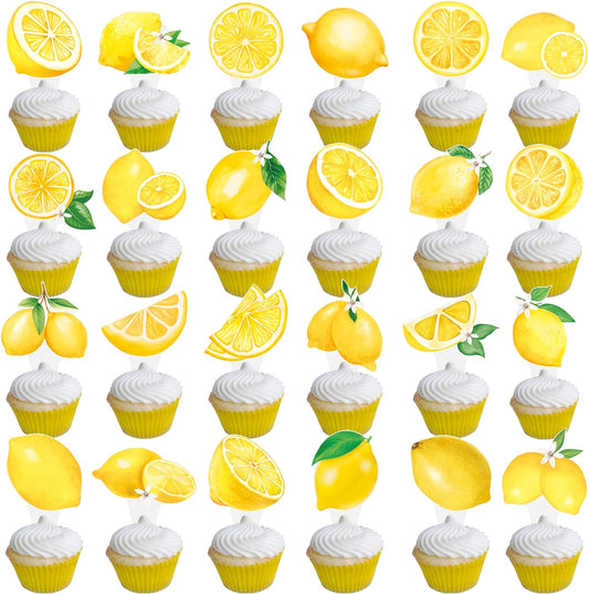 48Pcs Lemon Cupcake Toppers Yello Lemon Summer Birthday Party Decorations Lemonade Theme Cupcake Toppers for Summer Fruit Theme Theme Party Wedding Bridal Shower Supplies