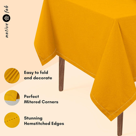 Tablecloth 52x70 Inches - 100% Cotton, Durable, Wrinkle-Free, Machine Washable Table Cover for Dining Room, Parties, Holiday, Events - Elegant, Easy Care, Home Décor - Mustard Yellow